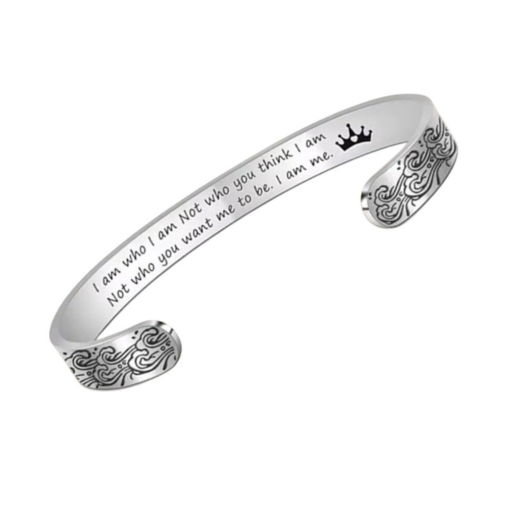 Silver Wave‎ Pattern Cuff Bracelet Bangle "I am who I am" Engraved Inspirational